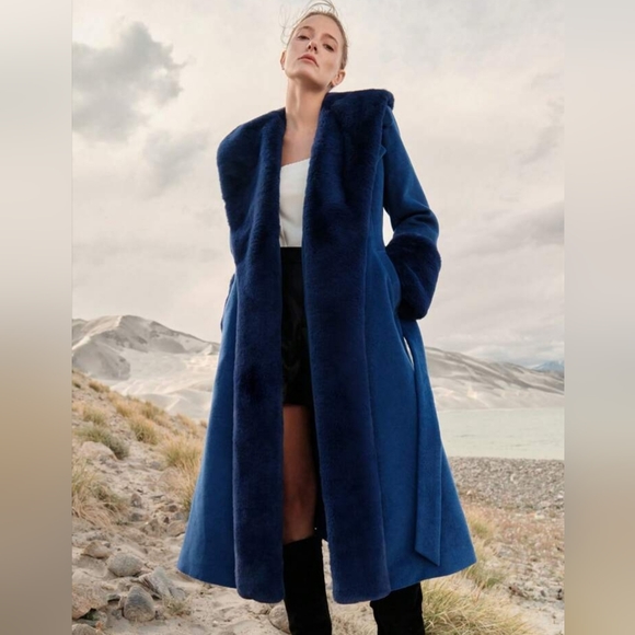 WOOL-BLEND FAUX FUR FUZZY CUFF OVERCOAT Winter Coat Outerwear - Picture 3 of 11